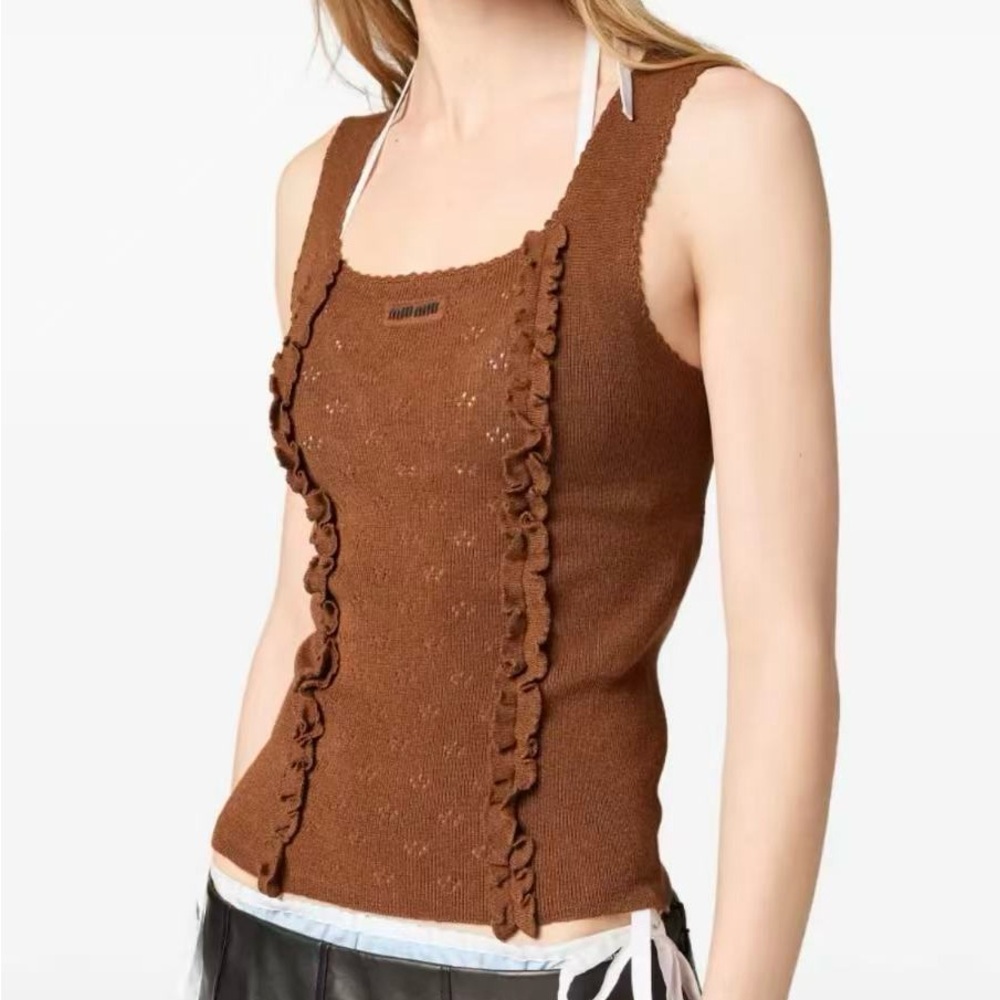 Miu Miu Chest-Ruffle Knit Tank in Warm Brown - Picture 2 of 8